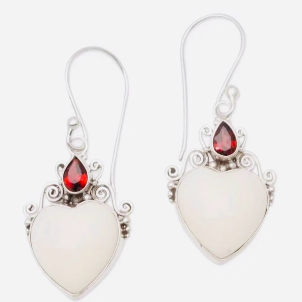 Chic Silver & Ruby Red Teardrop Rhinestone Porcelain Heart Earrings